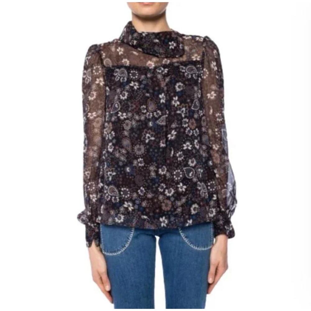 See By Chloe Floral Motif Shirt Blouse Womens 40 8 Black Long Sleeve Sheer Top